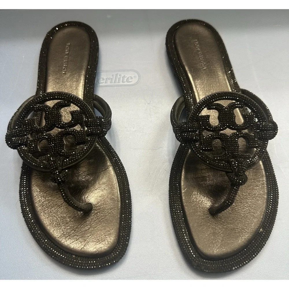 Tory Burch Women Size 9.5 Miller Knotted Pave Sandals Black Crystal Embellished